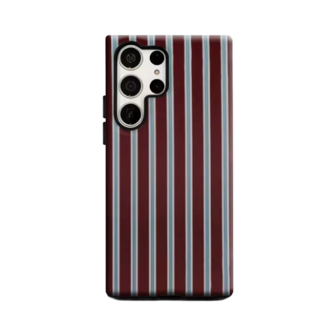 Burgundy Blue White Stripes Phone Case for Samsung Galaxy S25 Ultra S24 S23 Ultra Plus Glossy Double-layer Back Cover