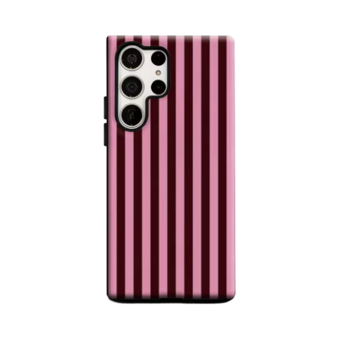 Pink & Burgundy Vertical Stripes Phone Case for Samsung Galaxy S25 Ultra S24 S23 Ultra Plus Glossy Double-layer Back Cover