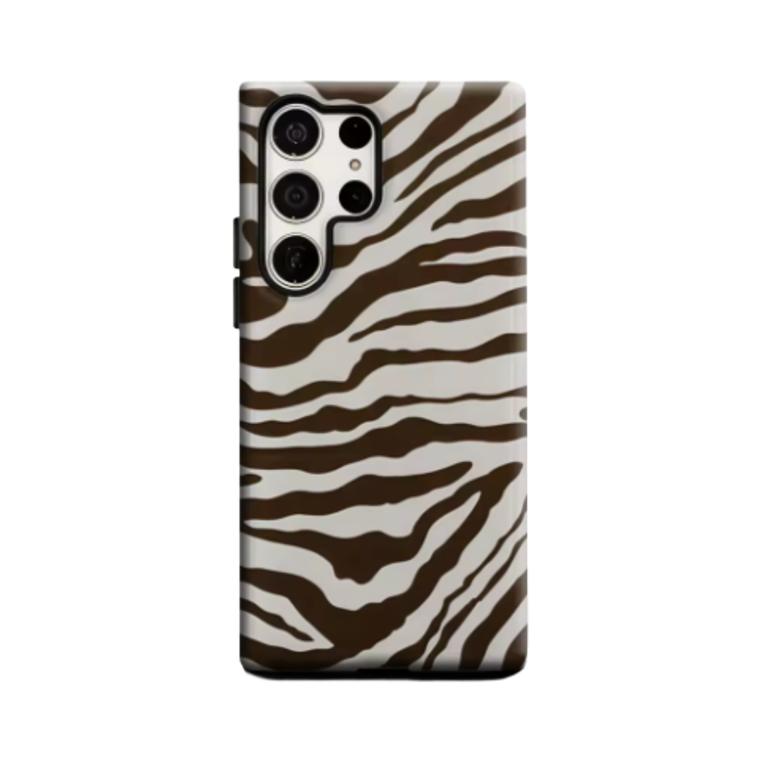 Brown and White Zebra Stripes Phone Case for Samsung Galaxy S25 Ultra S24 S23 Ultra Plus Glossy Double-layer Back Cover
