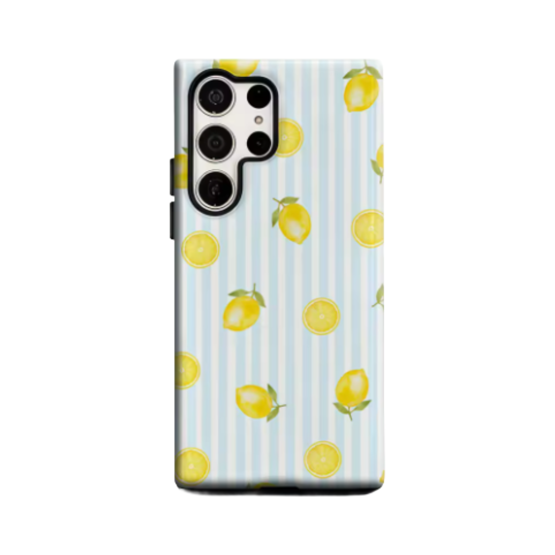 Lemon & Blue Stripes Phone Case for Samsung Galaxy S25 Ultra S24 S23 Ultra Plus Glossy Double-layer Back Cover