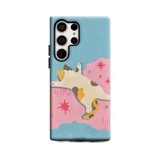 Lazy Calico Cat Stretch Phone Case for Samsung Galaxy S25 Ultra S24 S23 Ultra Plus Glossy Double-layer Back Cover