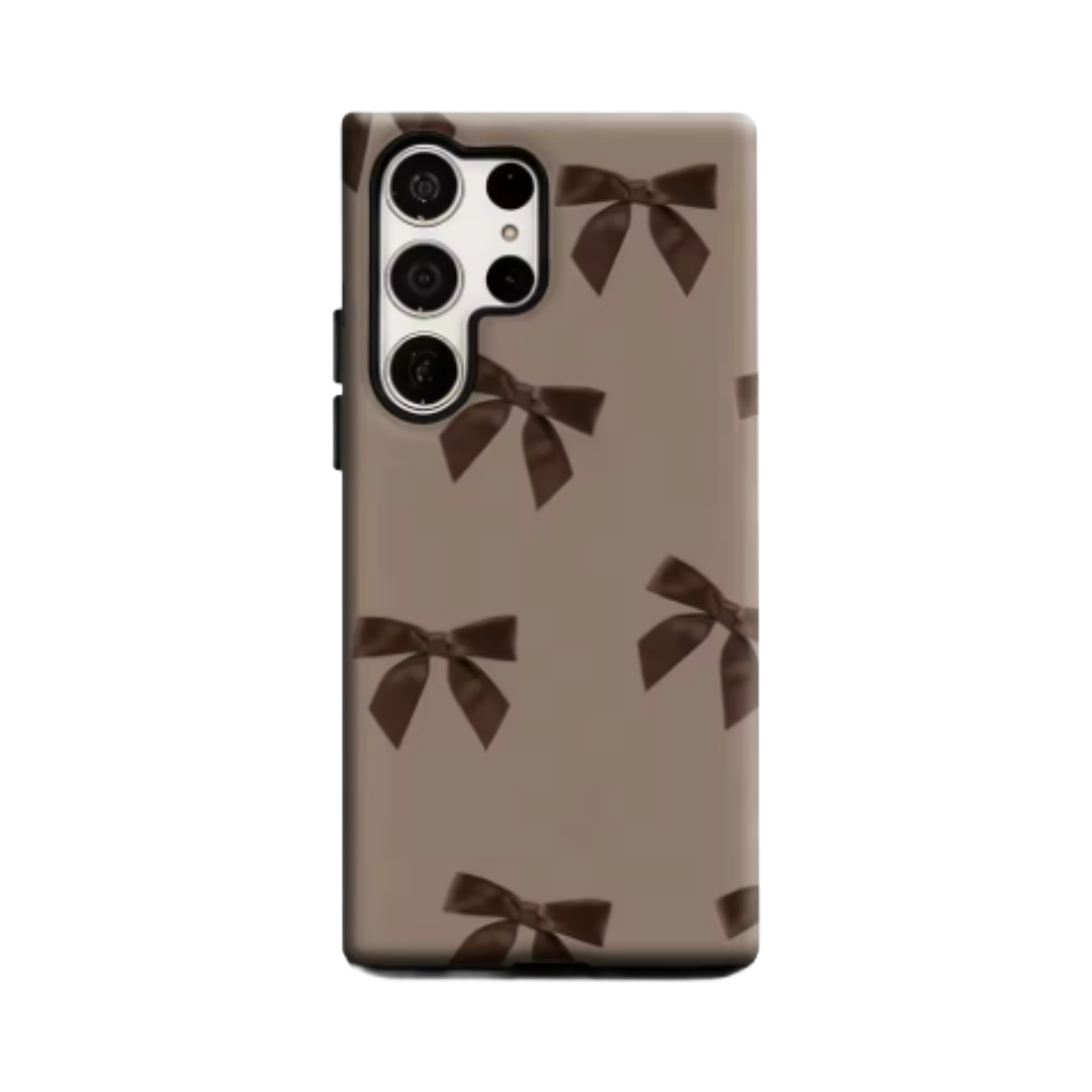 Elegant Brown Bow Pattern Phone Case for Samsung Galaxy S25 Ultra S24 S23 Ultra Plus Glossy Double-layer Back Cover