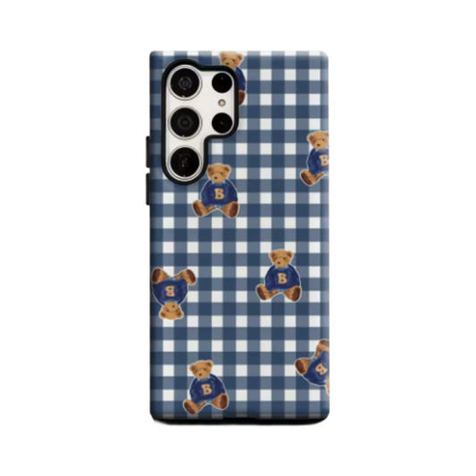Plaid Teddy Charm Phone Case for Samsung Galaxy S25 Ultra S24 S23 Ultra Plus Glossy Double-layer Back Cover