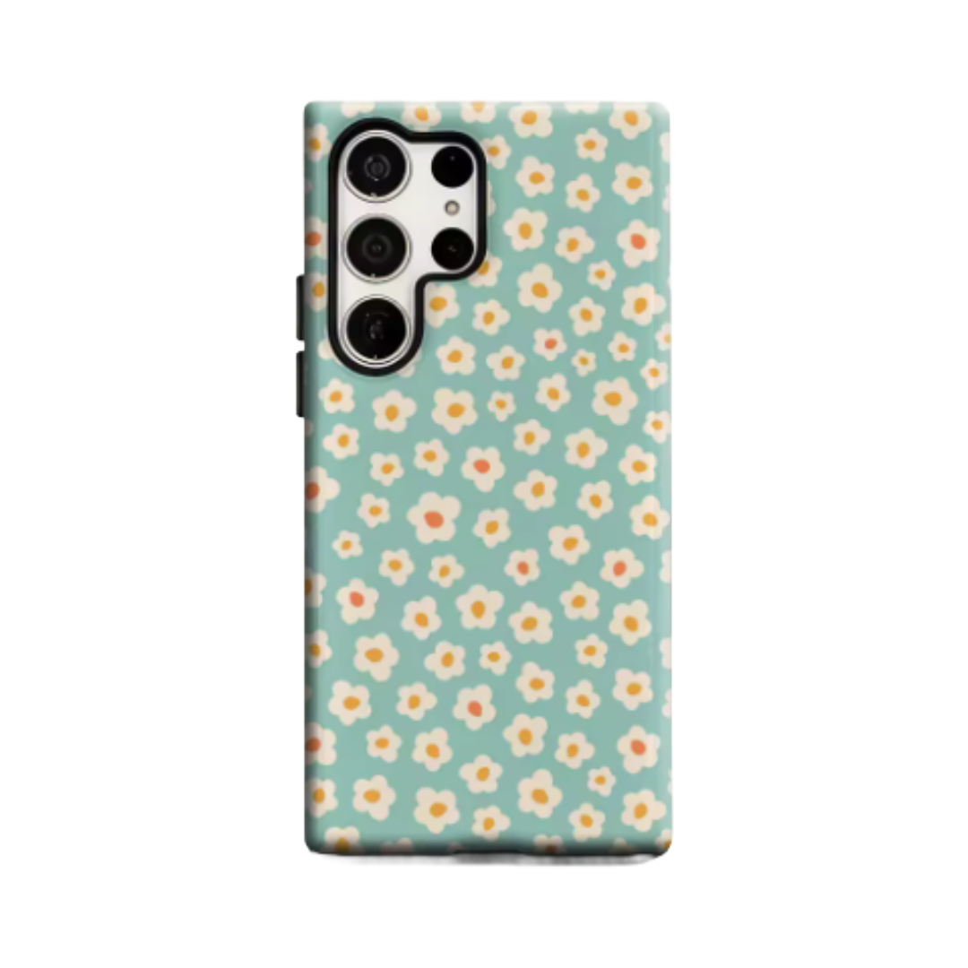 Ditsy Yellow Flowers on Teal Phone Case for Samsung Galaxy S25 Ultra S24 S23 Ultra Plus Glossy Double-layer Back Cover