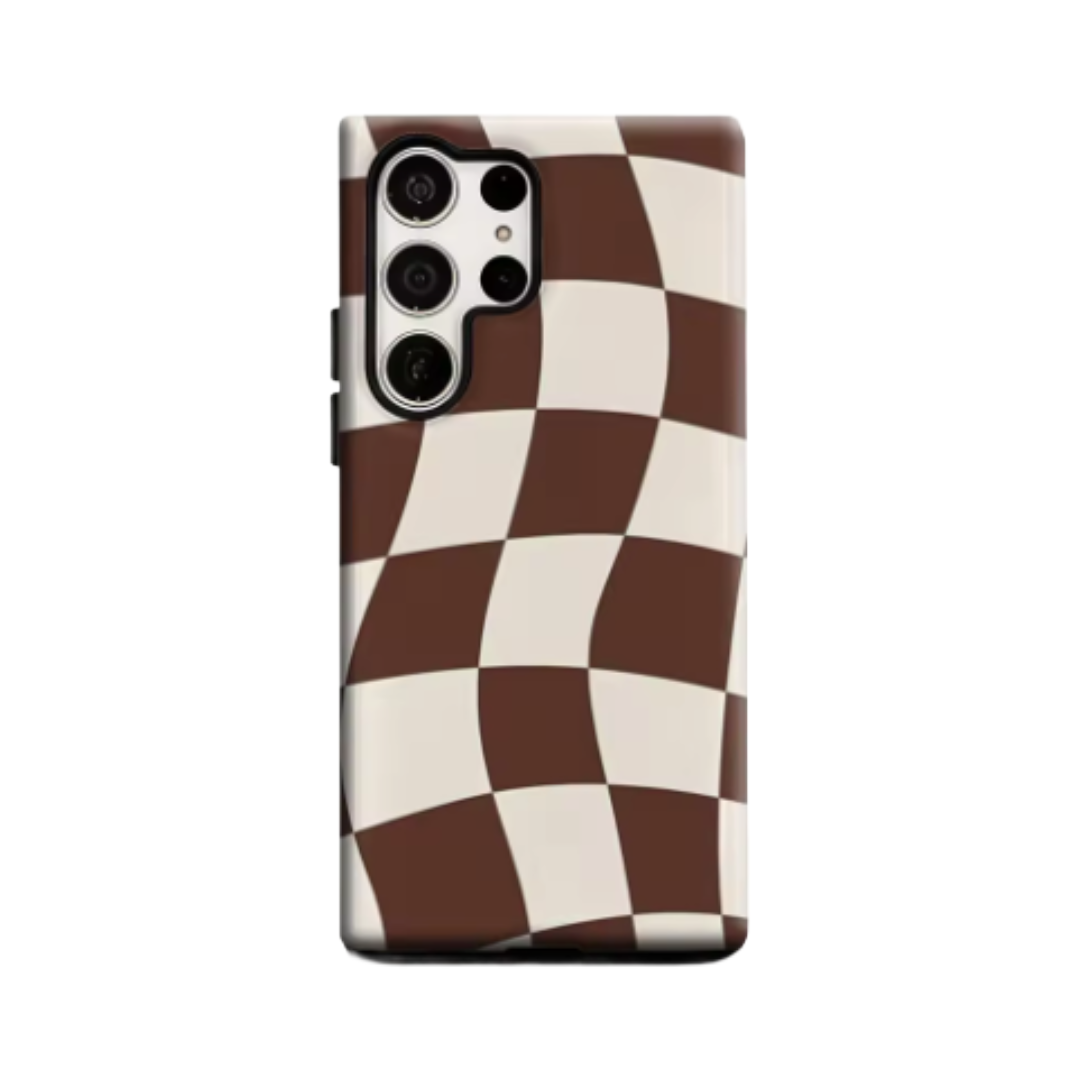 Brown and White Wavy Checkerboard Phone Case for Samsung Galaxy S25 Ultra S24 S23 Ultra Plus Glossy Double-layer Back Cover