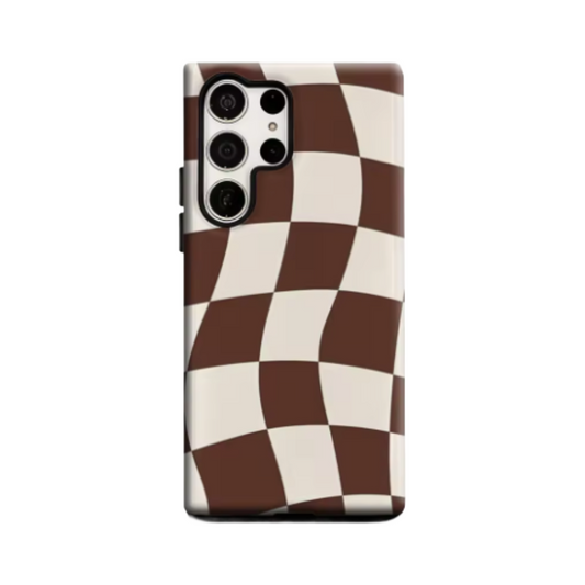 Brown and White Wavy Checkerboard Phone Case for Samsung Galaxy S25 Ultra S24 S23 Ultra Plus Glossy Double-layer Back Cover