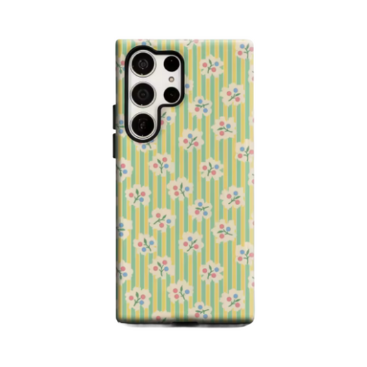 Vintage Floral & Berry Stripes Phone Case for Samsung Galaxy S25 Ultra S24 S23 Ultra Plus Glossy Double-layer Back Cover